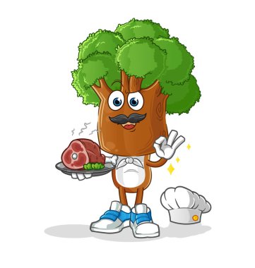 Ağaç kafalı çizgi film şefi ve et maskotu. çizgi film vektörü