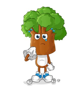 Ağaç kafalı çizgi film karakteri peçeteyle ağlar. çizgi film maskotu vektörü