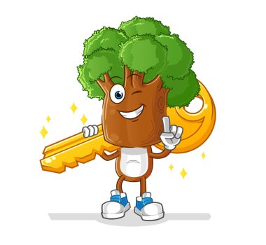 Ağaç kafalı çizgi film karakteri anahtar maskotu taşıyor. çizgi film vektörü