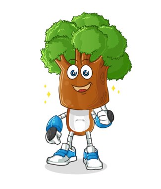 Ağaç kafalı robot karakter. çizgi film maskotu vektörü