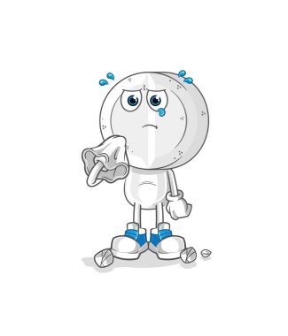 İlaç tableti kafalı çizgi film karakteri peçeteyle ağlıyor. çizgi film maskotu vektörü