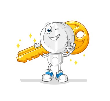 İlaç tableti baş çizgi filmi anahtar maskotu taşır. çizgi film vektörü