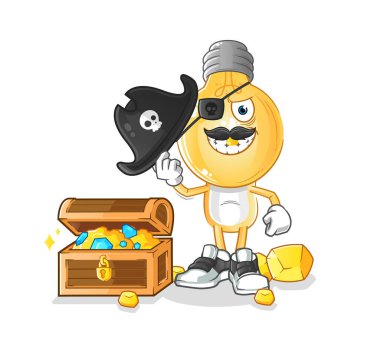 Ampul kafalı karikatür korsanı ve hazine maskotu. çizgi film vektörü