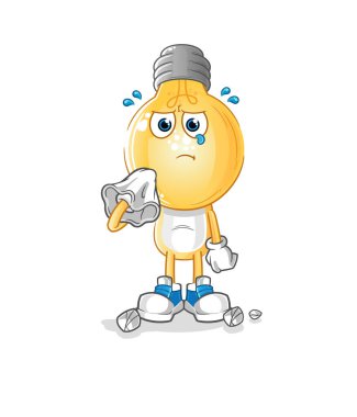 Ampul kafalı çizgi film karakteri peçeteyle ağlıyor. çizgi film maskotu vektörü