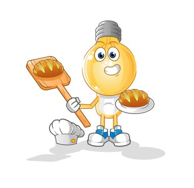 Ampul kafalı çizgi film fırıncısı ve ekmek. çizgi film maskotu vektörü