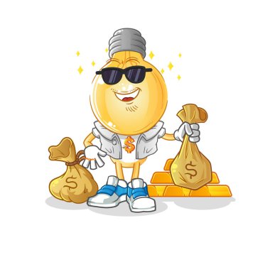 Ampul kafalı zengin çizgi film karakteri. çizgi film maskotu vektörü