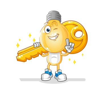 Ampul kafalı çizgi film karakteri anahtar maskotu taşır. çizgi film vektörü