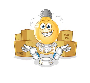 Ampul kafalı evsiz çizgi film karakteri. çizgi film maskotu vektörü