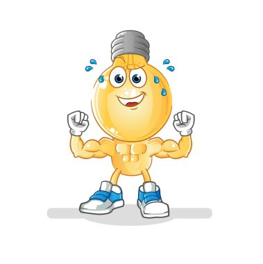 Ampul başlı çizgi film kaslı. çizgi film maskotu vektörü