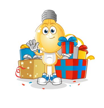 Ampul kafalı çizgi film, hediyelere maskot verir. çizgi film vektörü