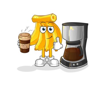 Muz, kahve illüstrasyonu içiyor. karakter vektörü