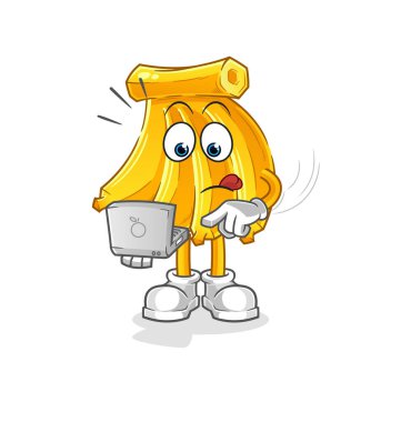 Laptop maskotlu muz. çizgi film vektörü