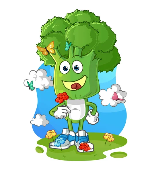 Brokoli kafalı çizgi film karakteri baharda çiçek toplar. karakter vektörü