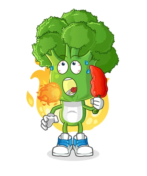 Brócolis Cabeça Cartoon Comer Mascote Quente Chilie Vector Dos Desenhos —  Vetores de Stock