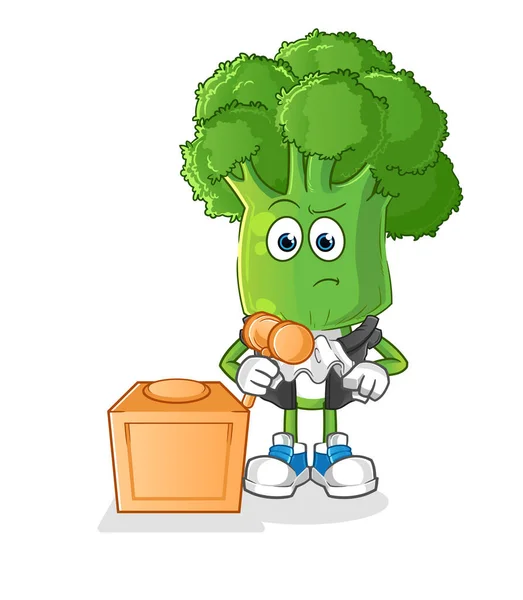 Broccoli Hoofd Cartoon Rechter Houdt Hamer Karaktervector — Stockvector