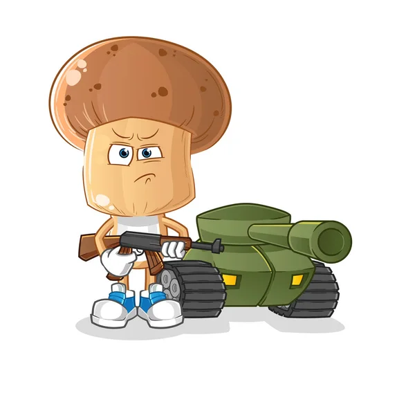 Paddenstoel Hoofd Cartoon Soldaat Met Tank Karakter Cartoon Vector — Stockvector