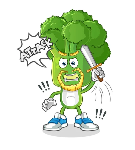 Broccoli Huvud Tecknad Riddare Attack Med Svärd Tecknad Vektor — Stock vektor