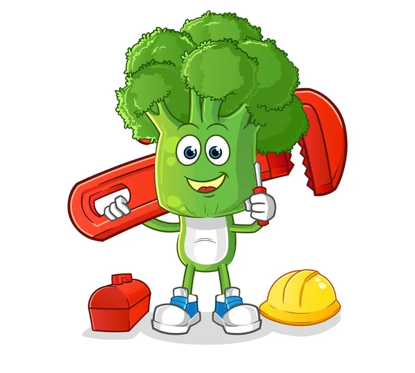 Brokoli kafalı karikatür muslukçu. çizgi film maskotu vektörü