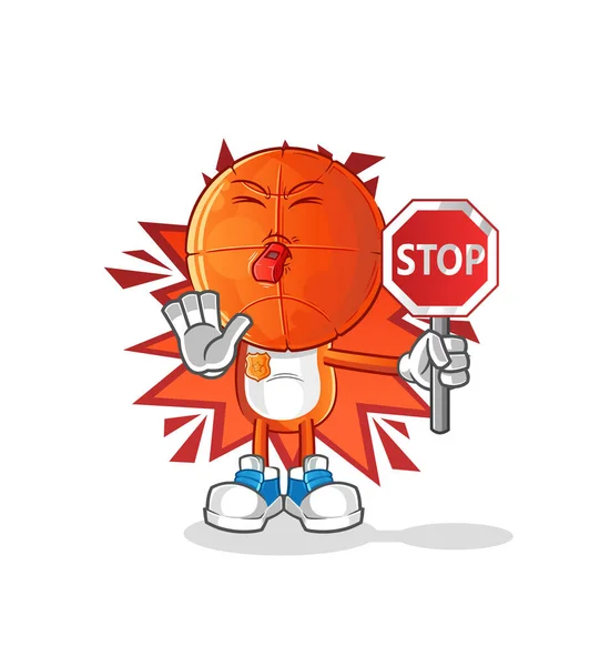 バスケットボールヘッド漫画停止標識を保持 漫画マスコットベクトル — ストックベクタ