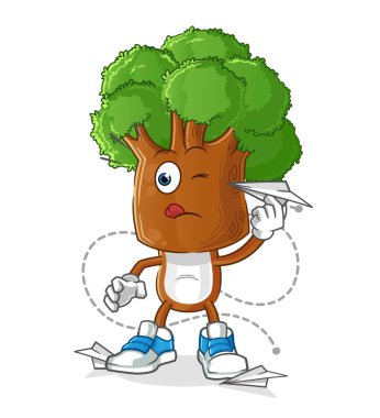 Kağıt uçak karakterli ağaç kafalı çizgi film. çizgi film vektörü