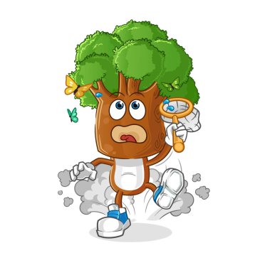 Ağaç başı çizgi filmi kelebek resimlerini yakalıyor. karakter vektörü