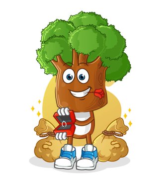 Ağaç kafalı çizgi film karakteri yüzükle evlenme teklif ediyor. çizgi film maskotu vektörü