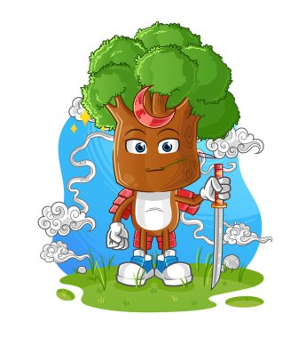 Ağaç kafalı samuray çizgi filmi. çizgi film maskotu vektörü