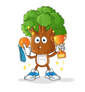 Ağaç kafalı çizgi film galibi trophie ile. çizgi film karakteri