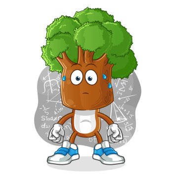 Ağaç kafalı çizgi film karakteri sert vektör düşünüyor. çizgi film karakteri