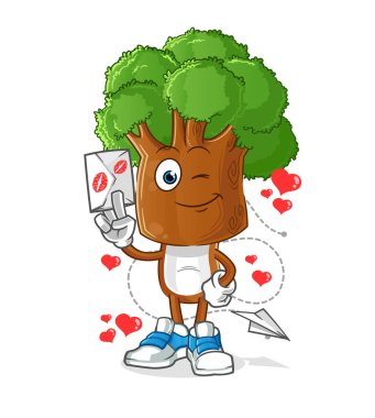 Ağaç kafalı karikatür aşk mektubu illüstrasyonu. karakter vektörü