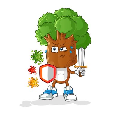 Virüslere karşı ağaç kafalı çizgi film. çizgi film maskotu vektörü