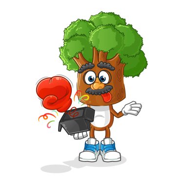 Ağaç kafalı karikatür şaka eldiveni kutuda. çizgi film maskotu