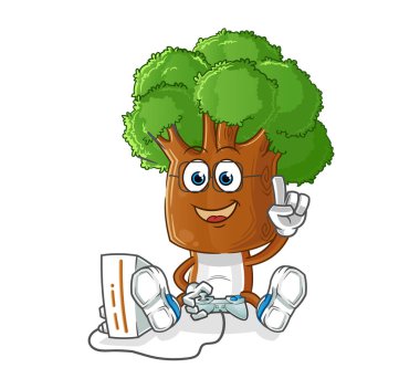 Ağaç kafalı çizgi film karakteri video oyunları oynuyor. çizgi film karakteri