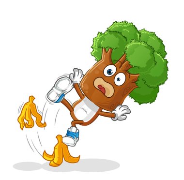 Ağaç kafalı karikatür muza basıp kaydı. çizgi film maskotu vektörü