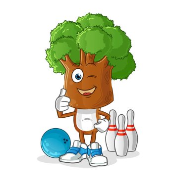 Ağaç kafalı çizgi film, bowling illüstrasyonu oynuyor. karakter vektörü