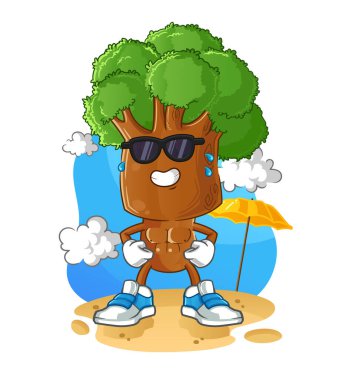 Ağaç kafalı çizgi film karakteri yazın güneşleniyor. karakter vektörü