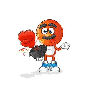 Basketbol baş çizgi film şaka eldiveni kutuda. çizgi film maskotu