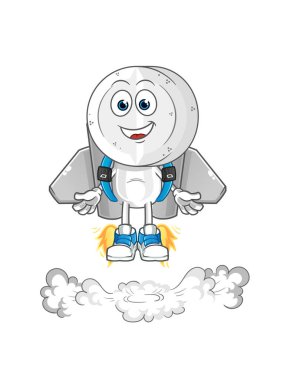 Jet pack maskotlu ilaç tableti kafa karikatürü. çizgi film vektörü