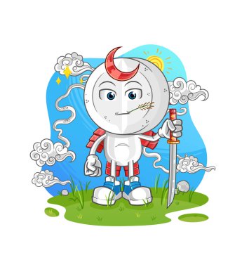 İlaç tableti başı çizgi film samurayı. çizgi film maskotu vektörü