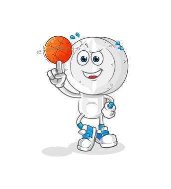 İlaç tableti kafa çizgi filmi basket topu maskotu oynuyor. çizgi film vektörü