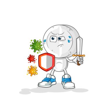 Virüslere karşı ilaç tableti kafa karikatürü. çizgi film maskotu vektörü