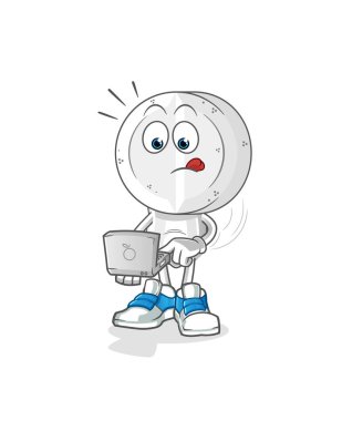 Laptop maskotlu ilaç tableti kafa çizgi filmi. çizgi film vektörü