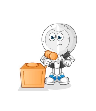 İlaç tableti baş çizgi film yargıcı tokmağı tutuyor. karakter vektörü