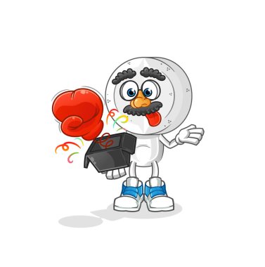 İlaç tableti kafa çizgi film şaka eldiveni kutuda. çizgi film maskotu