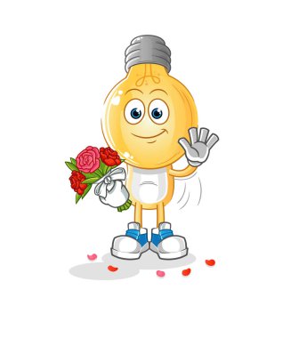 Buket maskotlu ampul başlı çizgi film. çizgi film vektörü