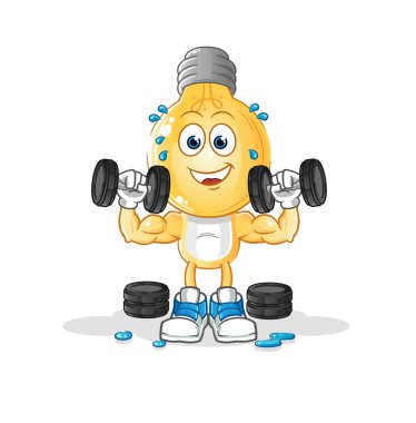 Ampul başlı çizgi film ağırlık idmanı illüstrasyonu. karakter vektörü