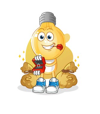 Ampul kafalı çizgi film karakteri yüzükle evlenme teklif ediyor. çizgi film maskotu vektörü