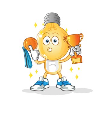 Ampul kafalı çizgi film galibi trophie ile. çizgi film karakteri