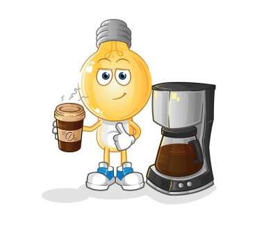 Ampul kafalı çizgi film karakteri kahve illüstrasyonu içiyor. karakter vektörü