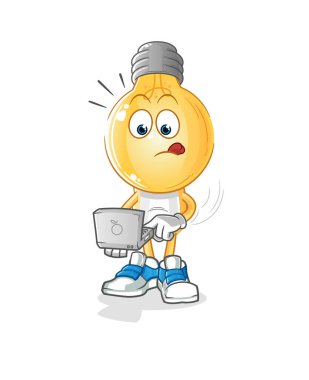 Laptop maskotlu ampul başlı çizgi film. çizgi film vektörü